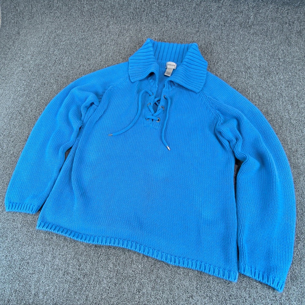 Chicos Womens Sweater Size 3 Large Blue Cotton Lace Up Shaker Knit Y2K Pullover — photo 2